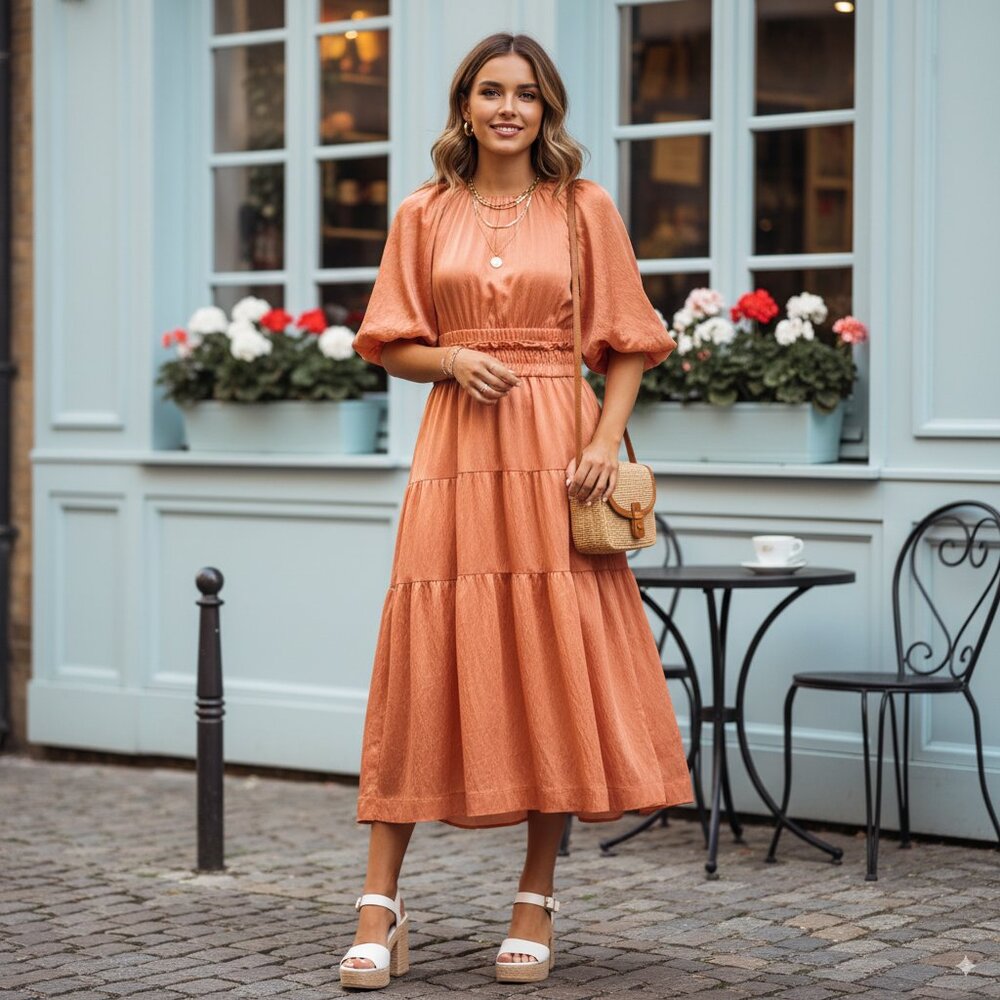 Moon river Puff Sleeve Shirred Cutout Tiered Midi Dress